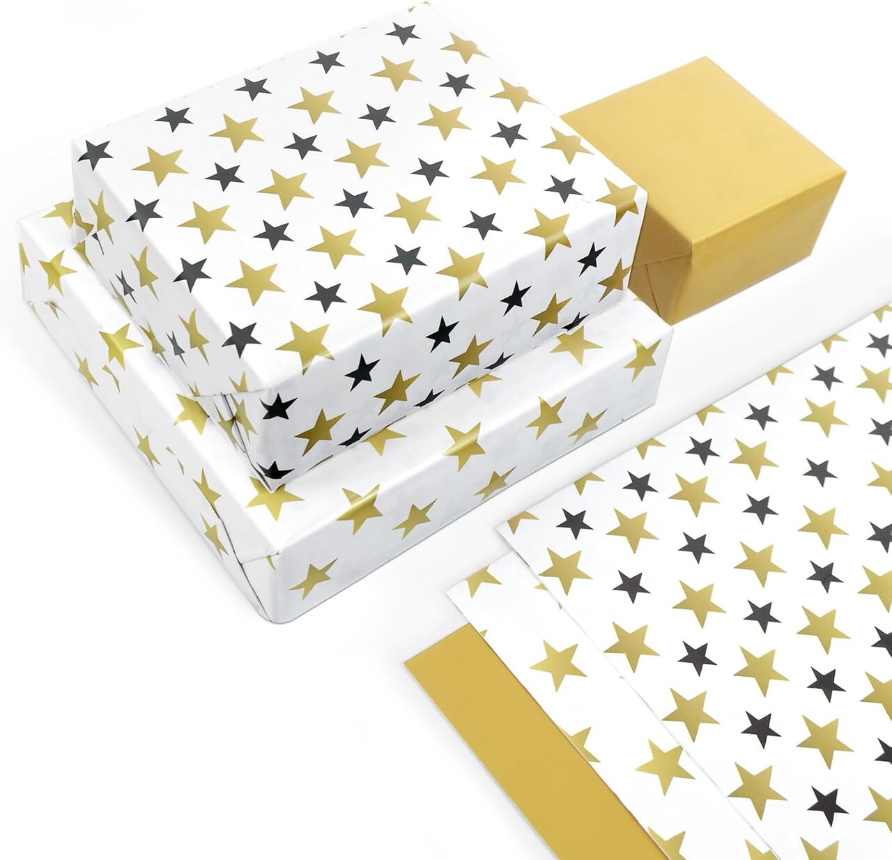 Gold & Black Star Gift Wrapping Paper – 12 Sheets Folded Flat, 20 x 29” Each, for Birthday, Holiday, Baby Shower, and Kids’ Gifts